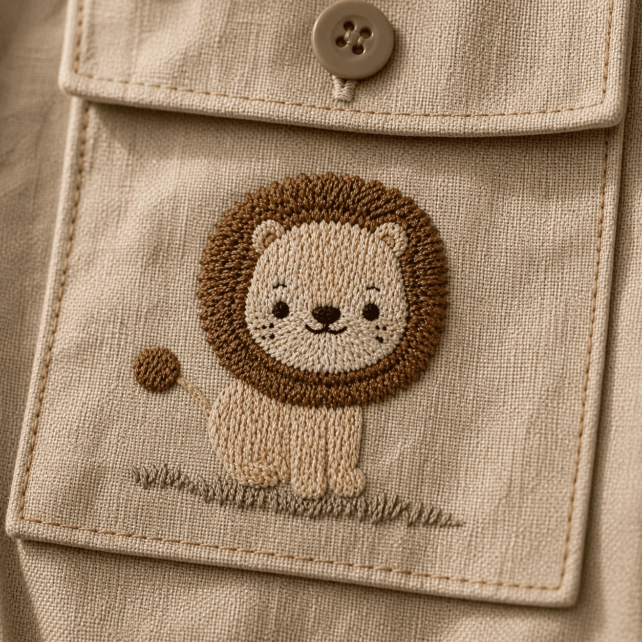 Bolso da frente com tampinha · botão antigo de metal · bordado leão temático posicionado · Macacão Safari Costuragi