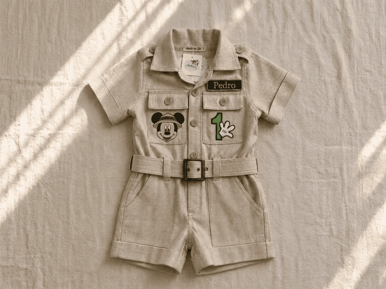 Macacão Safari Tema Mickey · ensaio infantil festa clássica · paleta cáqui claro com bordado verde · bordado temático personalizado · flat-lay editorial