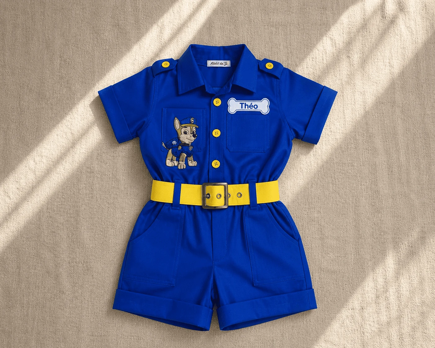 Macacão Safari Tema Patrulha Canina · ensaio infantil aventura · paleta azul royal com cinto e botões amarelos · bordado temático personalizado · flat-lay editorial