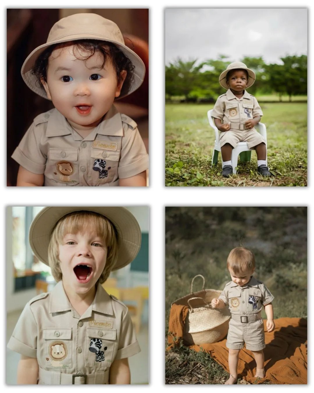 Quatro crianças reais vestindo o Macacão Safari em situações diferentes: retrato sorrindo, sentada em cadeira ao ar livre, gritando de alegria e brincando com cesta