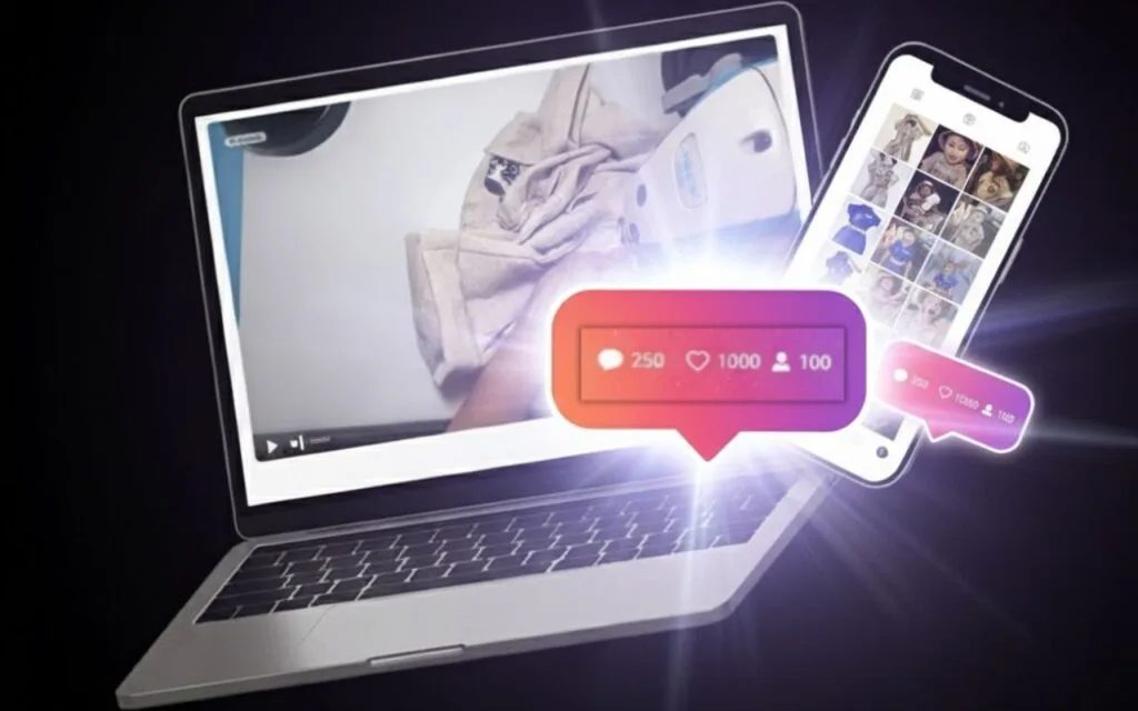 Mockup de notebook e celular mostrando feed de Instagram do ateliê com vendas acontecendo