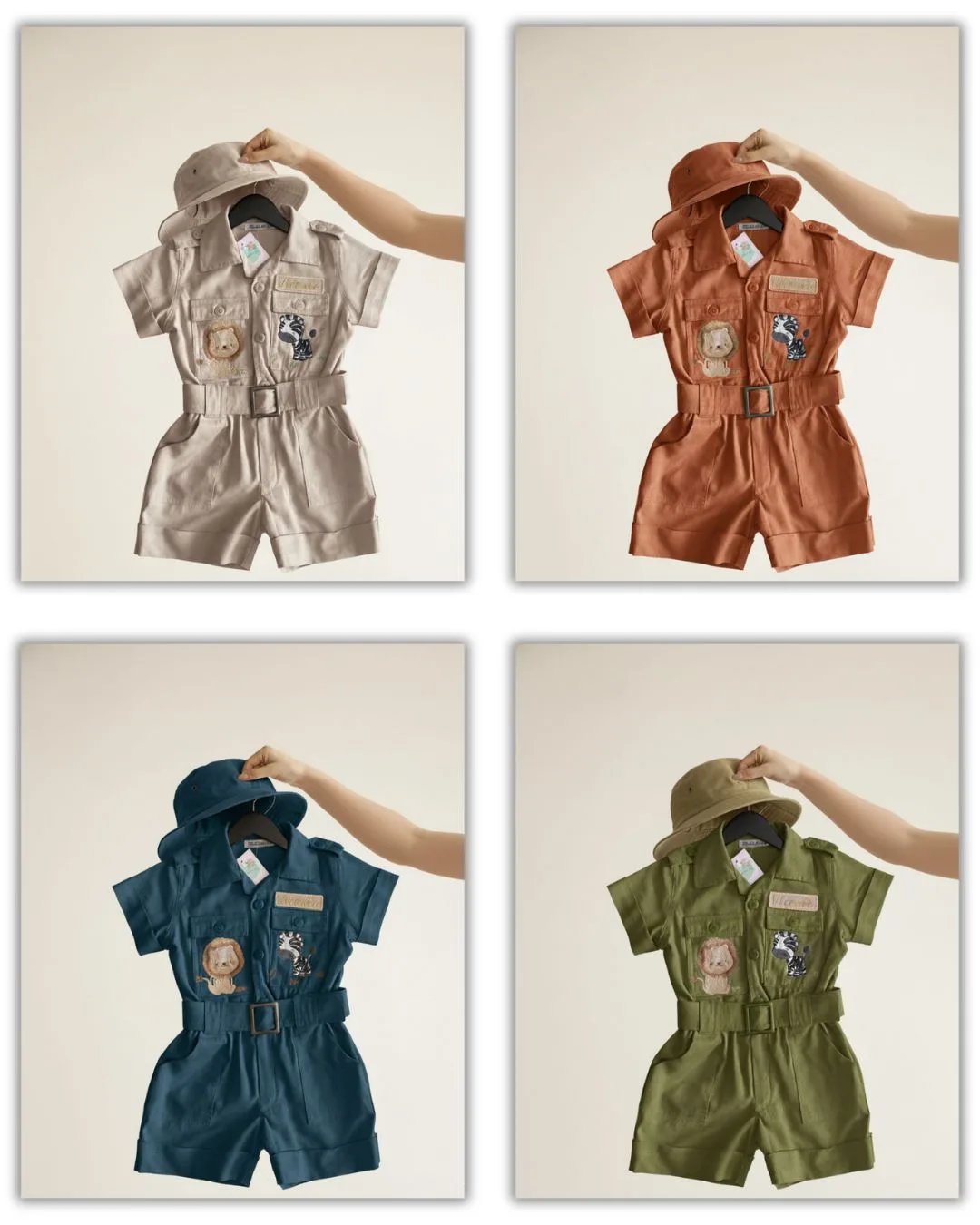 Quatro Macacões Safari em cores diferentes — bege, terracota, marinho e verde oliva — todos com chapéu combinando, cinto e bordado de leão e girafa