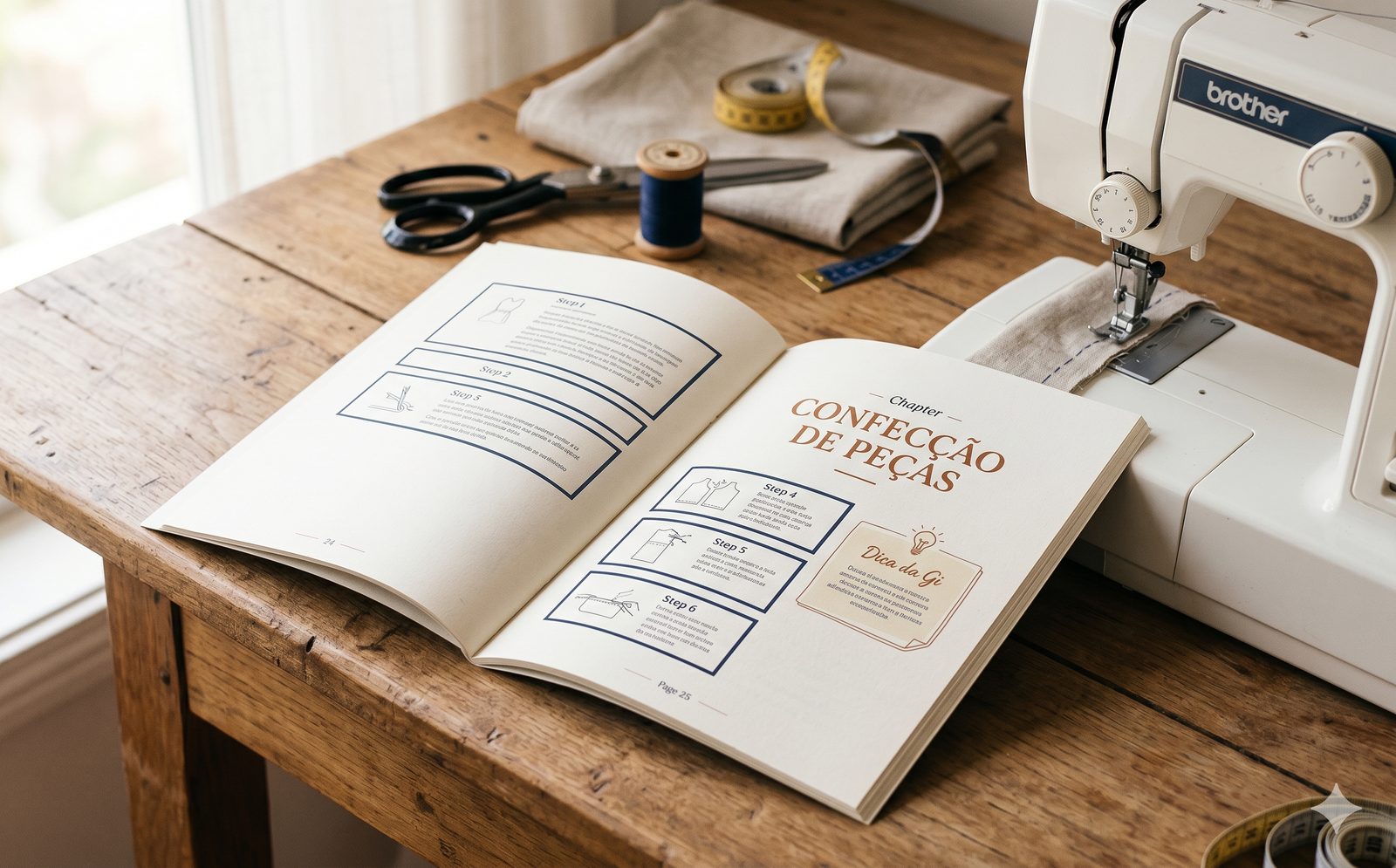 Manual de Bancada do Projeto Macacão Safari aberto sobre bancada de madeira com máquina de costura Brother, tesoura, carretel de linha azul-marinho e tecido de linho bege