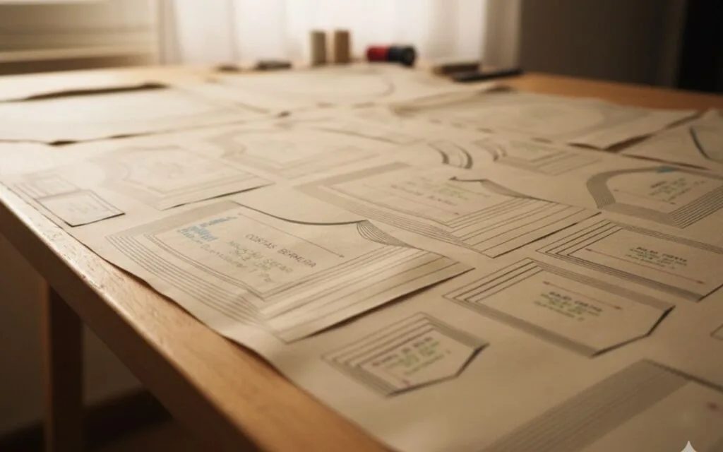 Moldes do Macacão Safari impressos e distribuídos sobre mesa de madeira clara